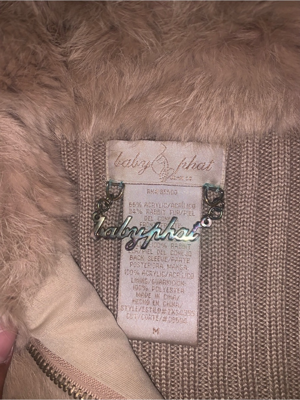 Vintage Baby Phat Faux Fur Front Ribbed Knit Jacket - Taupe Size: Medium - Picture 4 of 9